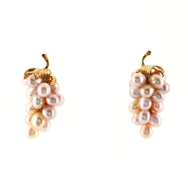 Grape Motif Earrings 18K Yellow Gold and Pearls