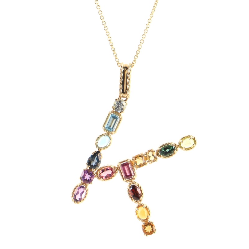 Rainbow Alphabet Pendant Necklace 18K Yellow Gold with Amethyst, Citrine, Garnet, Peridots, Quartz, Topaz, Tourmaline, and Pearl
